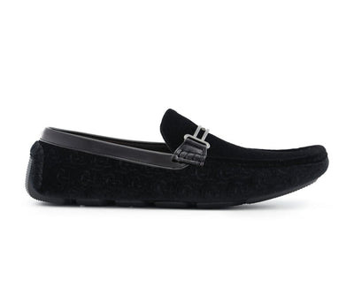 Amali Velvet Elegance Black Floral Driving Moccasins Men's Velvet