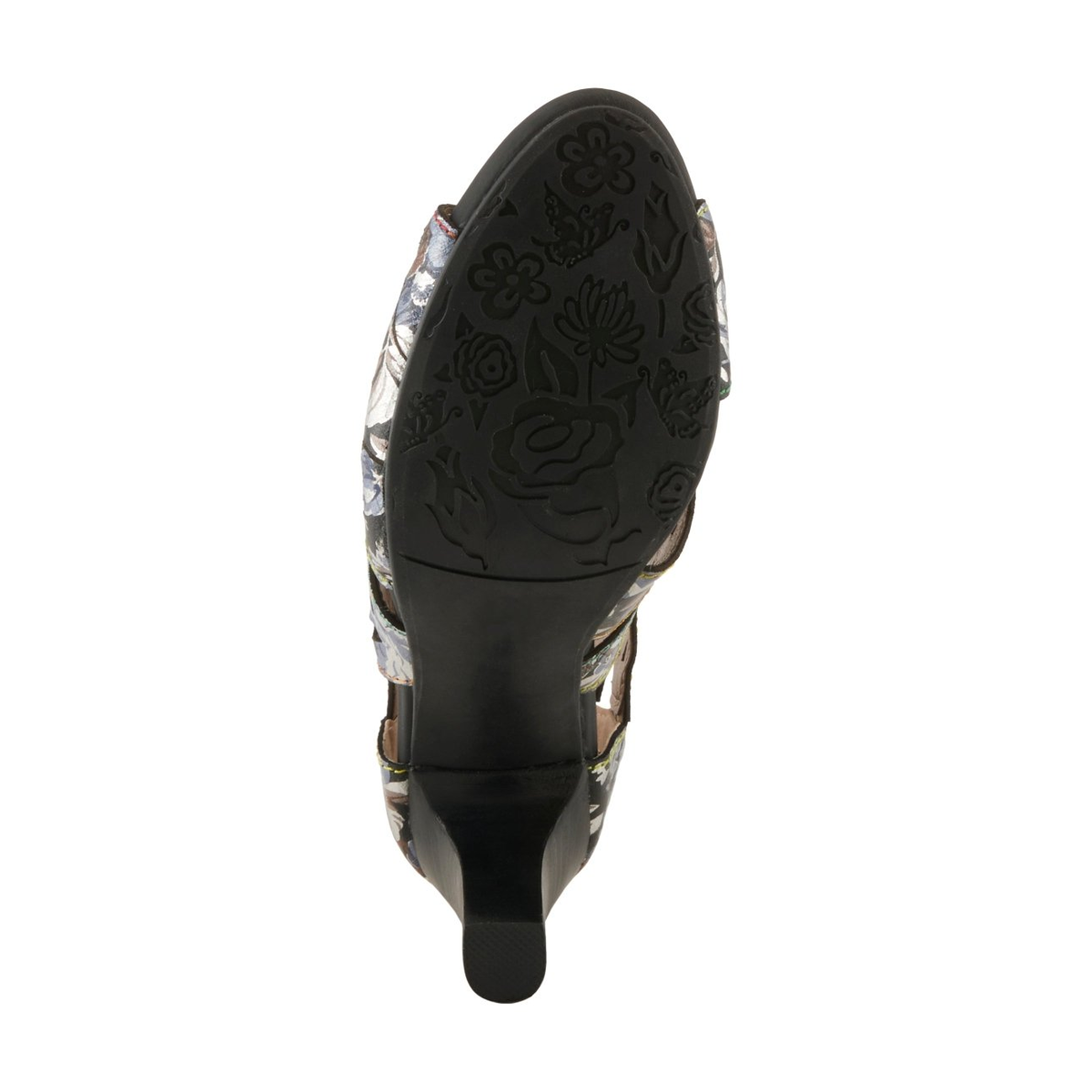 L'Artiste Amora cutout sandal in Black Multi, bottom view of outsole