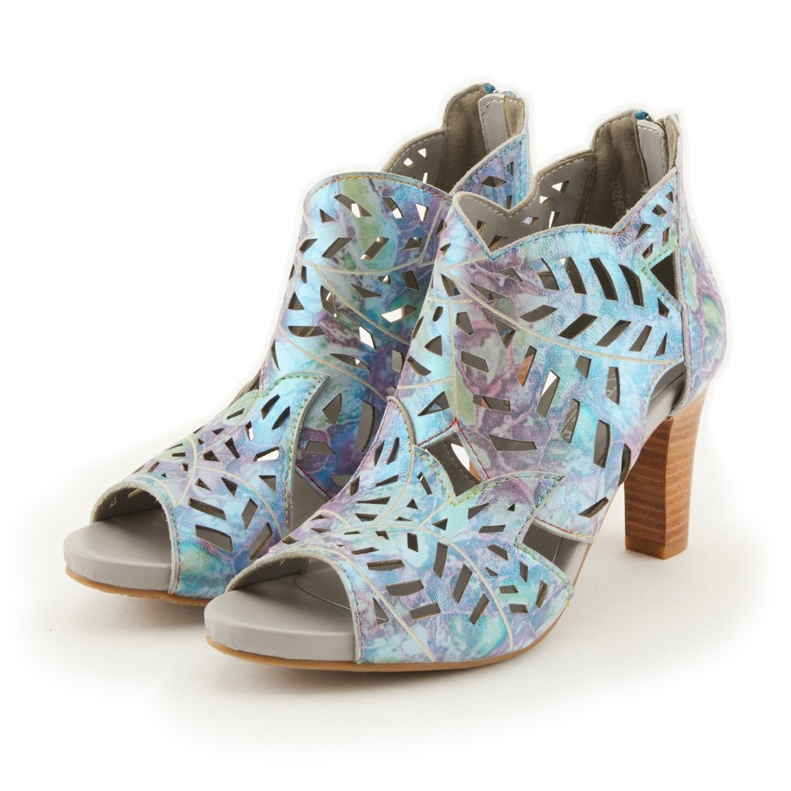 L'Artiste Amora cutout sandals in Blue Multi, front three-quarter pair view