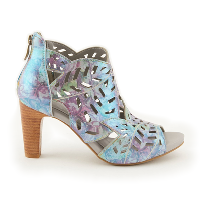 L'Artiste Amora cutout sandals in Blue Multi, side profile showing the cutout upper and stacked heel