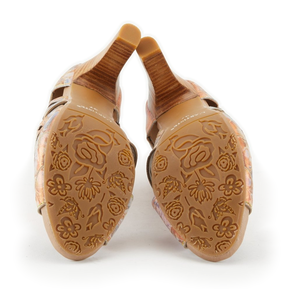 L'Artiste Amora cutout sandals in Bronze Multi, bottom view of both patterned outsoles