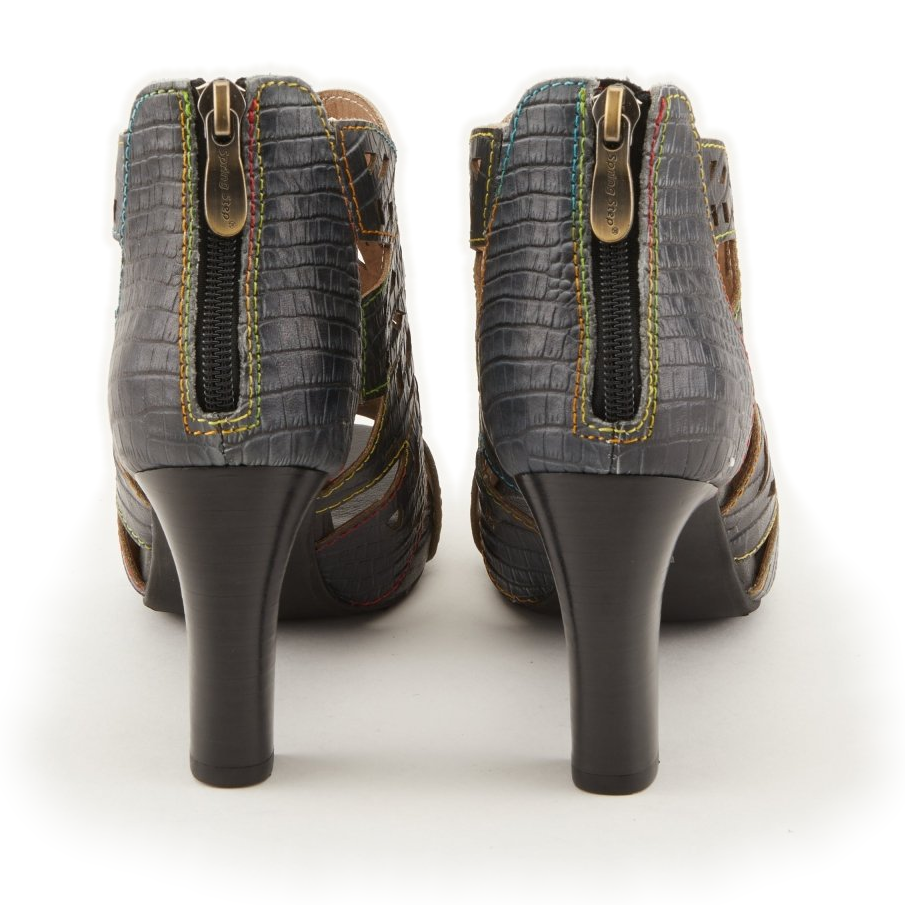L'Artiste Amora cutout sandals in Charcoal, rear pair view showing back zippers