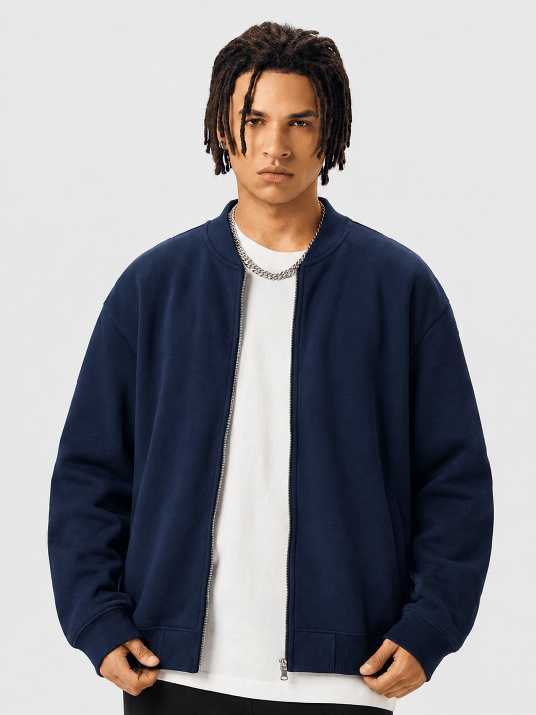Apollo Moda  Apollo Navy Fleece Zip-Up Baseball Jacket – main view
