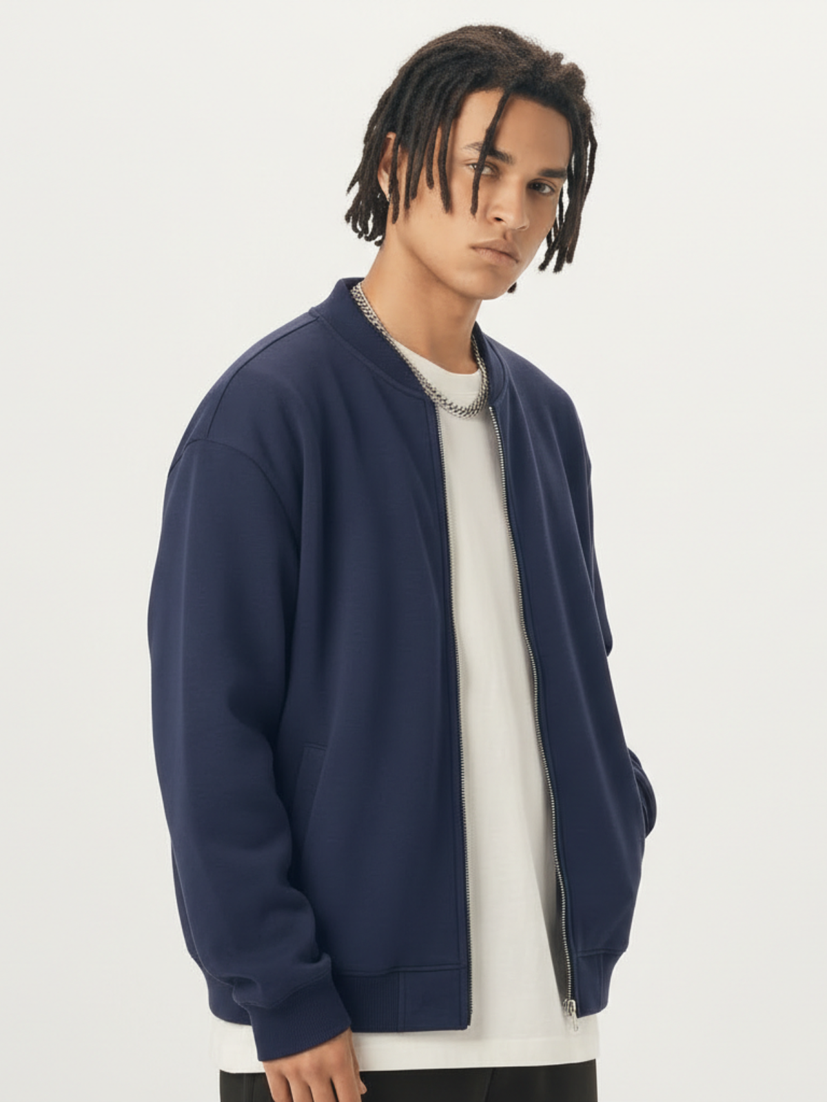 Apollo Moda  Apollo Navy Fleece Zip-Up Baseball Jacket – product view 3