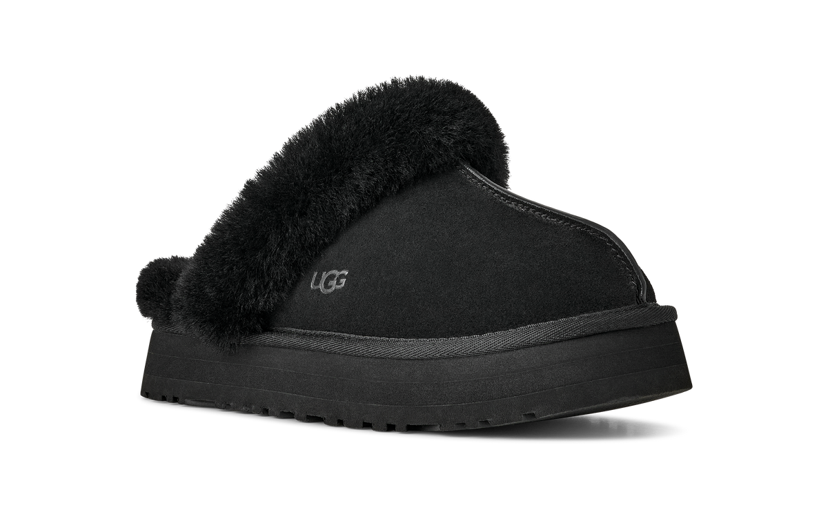 UGG Disquette Womens Platform Slippers — Black Suede