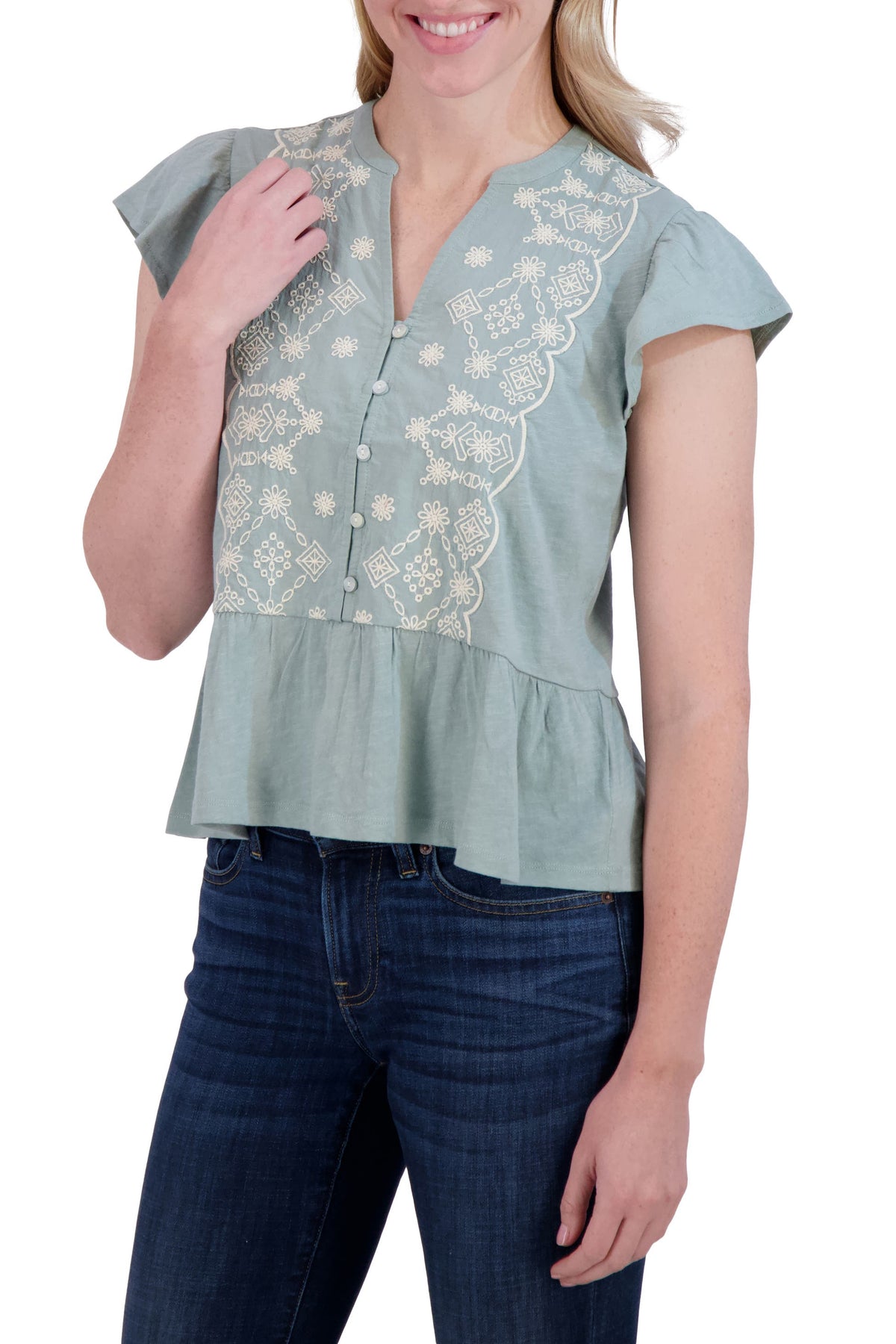 [135618-329] WOMENS LUCKY BRAND OTT FLUTTER SLEEVE TOP - SAGE – product view 3