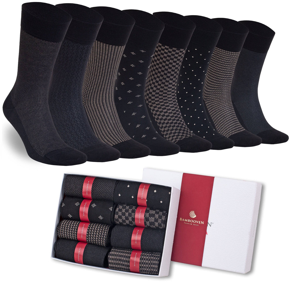 Men’s Bamboo Dress Socks 8-Pack Gift Box, Black, Charcoal & Taupe