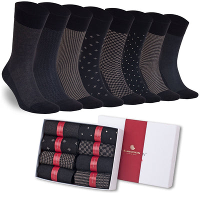 Men’s Bamboo Dress Socks 8-Pack Gift Box, Black, Charcoal & Taupe