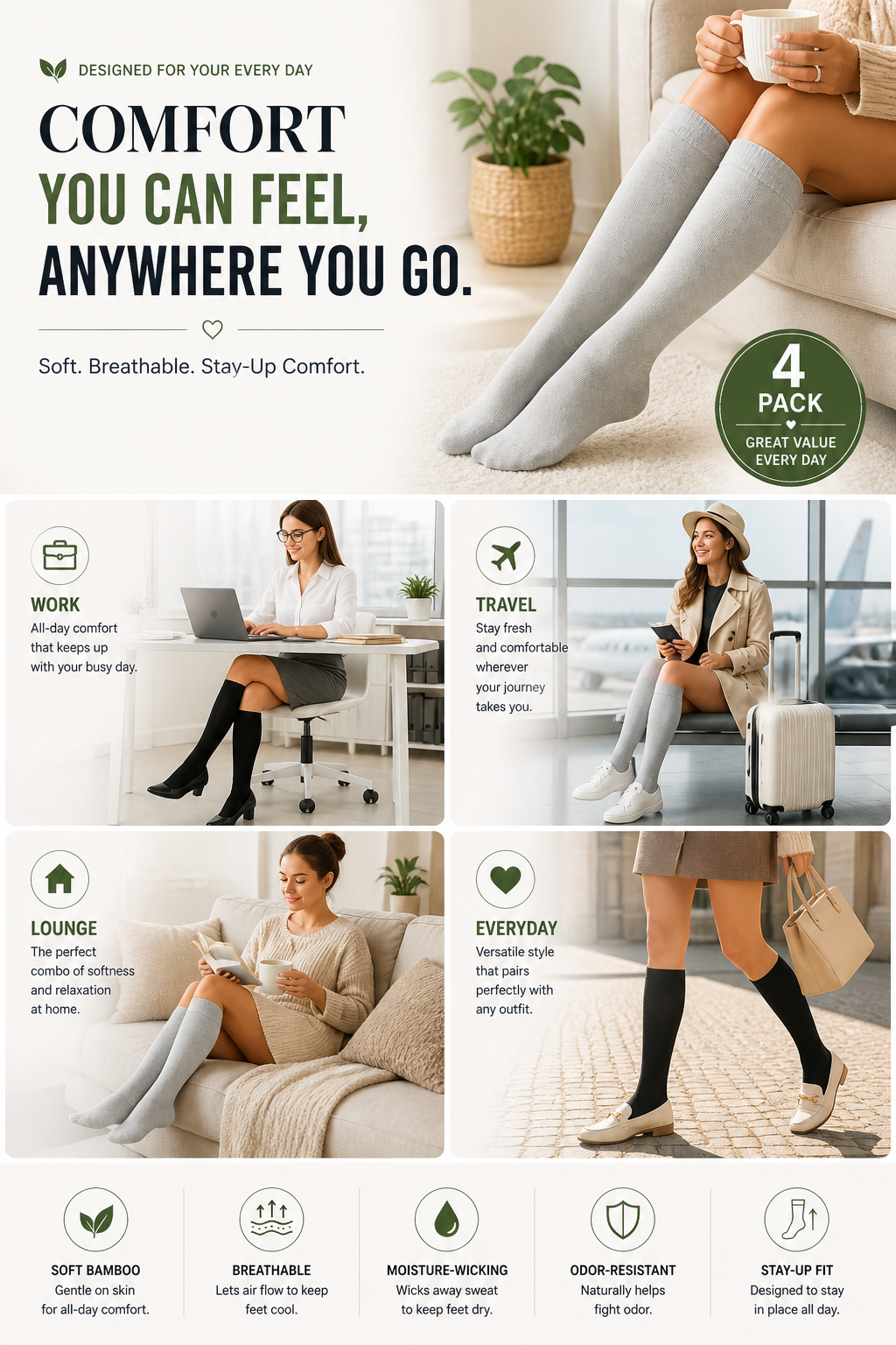 Women’s Bamboo Knee-High Socks 4-Pack – Soft & Breathable