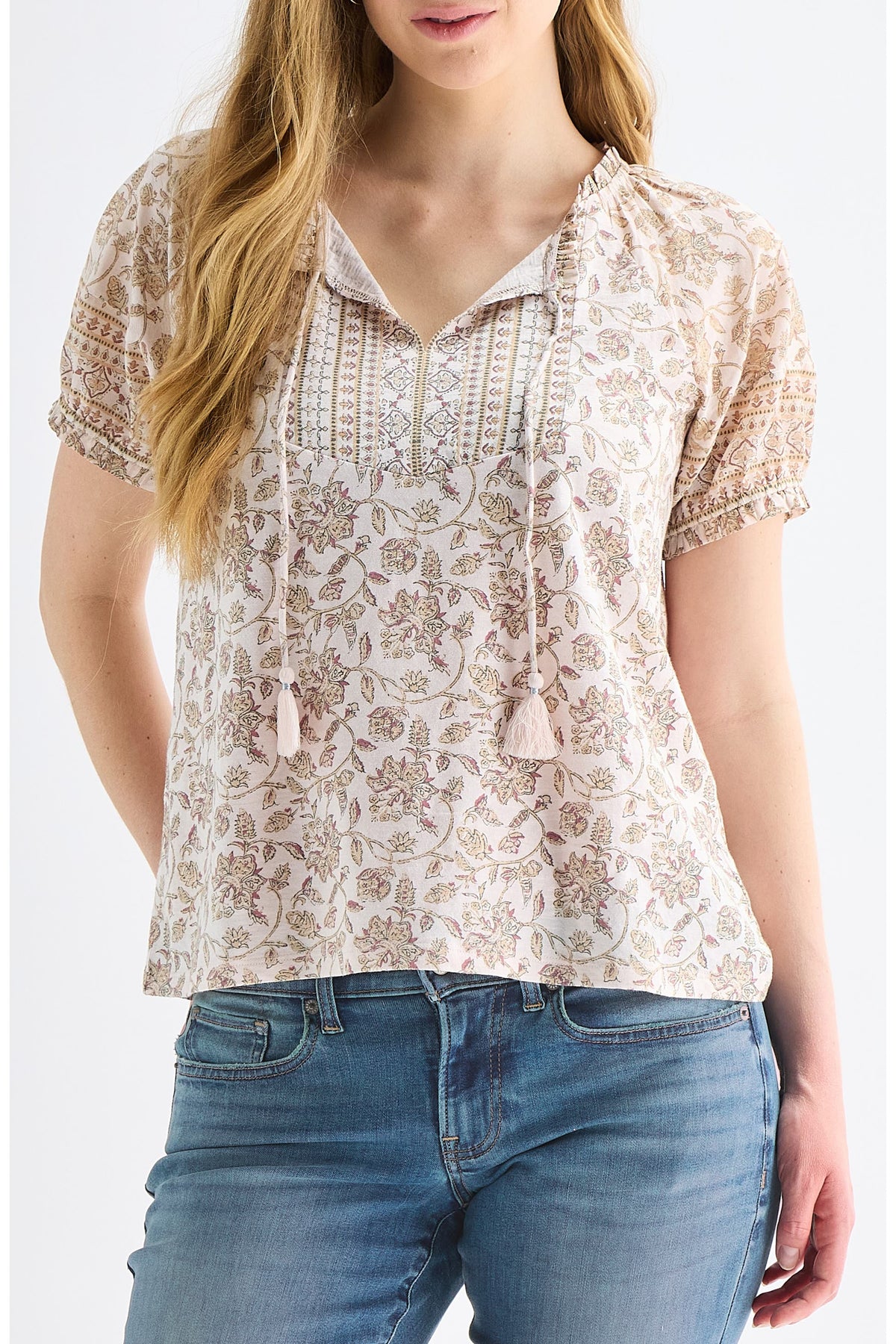 [159549-680] WOMENS LUCKY BRAND SHORT SLEEVE NOTCH NECK - PINK MULTI – product view 1