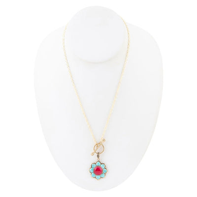 Blue Turquoise and Red Quartz Golden Chain Necklace