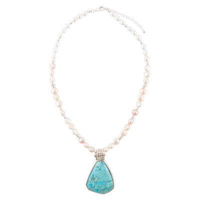 Blue Turquoise Pendant and White Pearl Sterling Silver Necklace