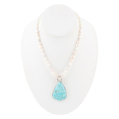 Blue Turquoise Pendant and White Pearl Sterling Silver Necklace