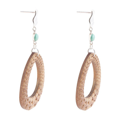 Blue Turquoise Top Carved Wood Sterling Silver Earrings