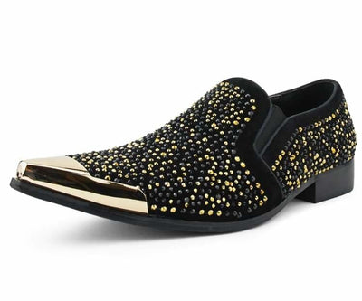 Bolano Desta BlackGold Men's Rhinestone Loafers With Metal Tip