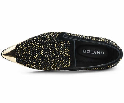 Bolano Desta BlackGold Men's Rhinestone Loafers With Metal Tip