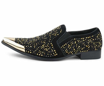 Bolano Desta BlackGold Men's Rhinestone Loafers With Metal Tip