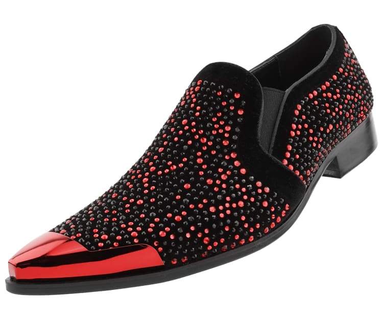 Bolano Desta Men's Black and Red Rhinestone Leather Loafers