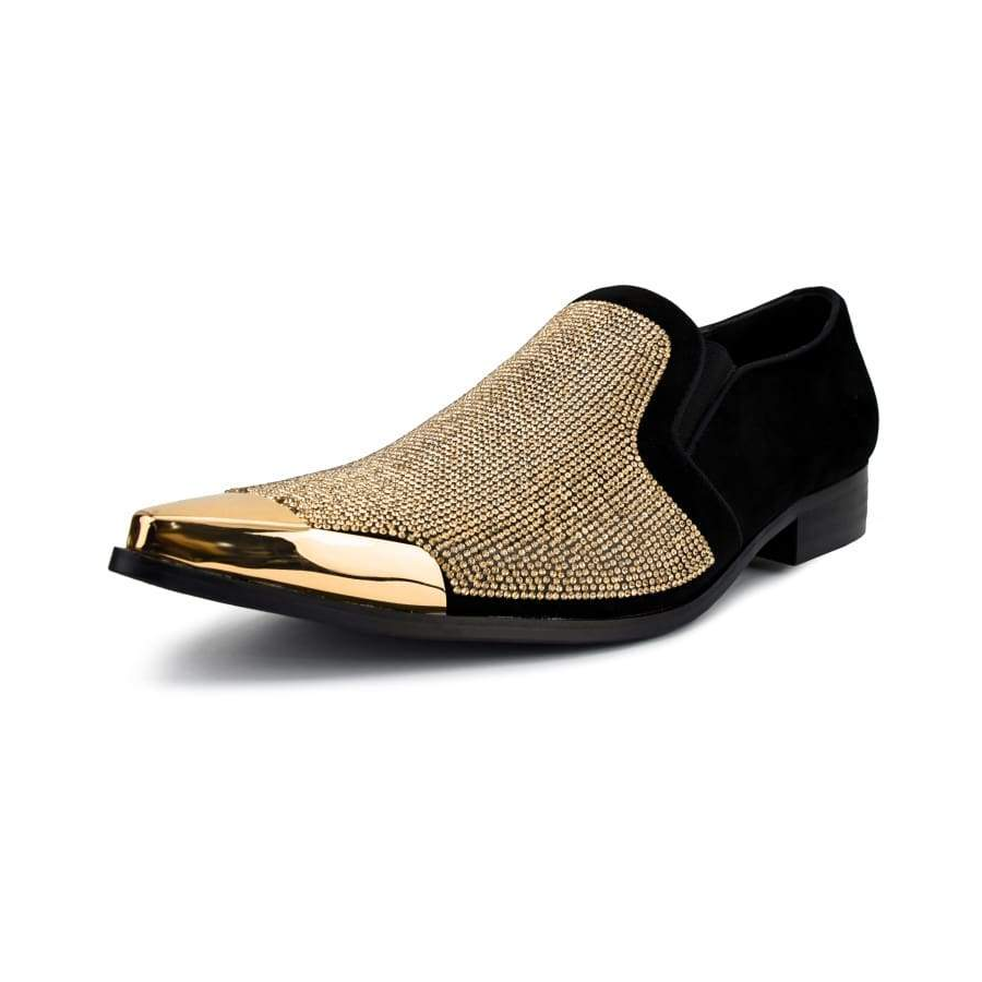 Bolano Dezzy men's gold and black slip-on dress shoe with gold-tone toe cap, front three-quarter view