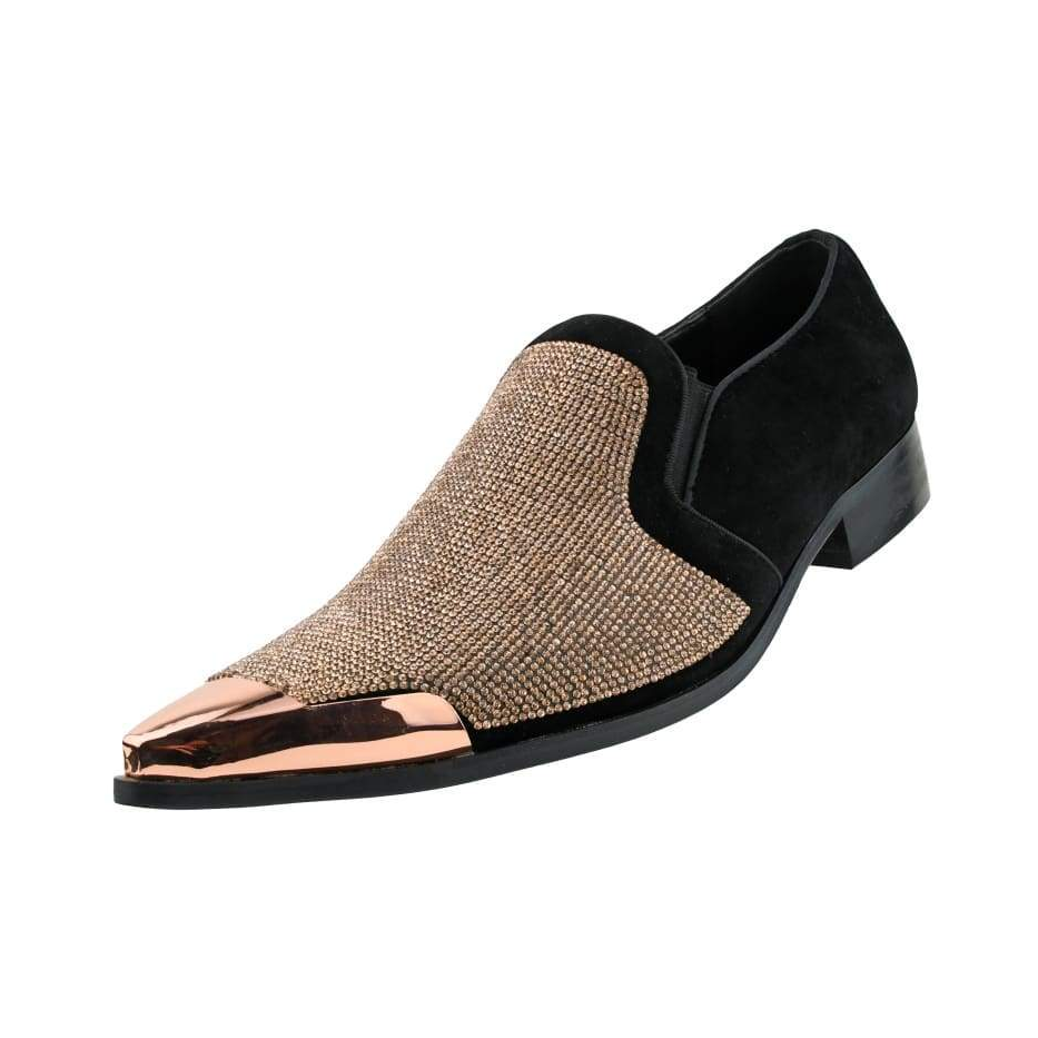 Bolano Dezzy men's rose-gold embellished slip-on shoe with reflective toe cap, black trim and quarters, elevated three-quarter view