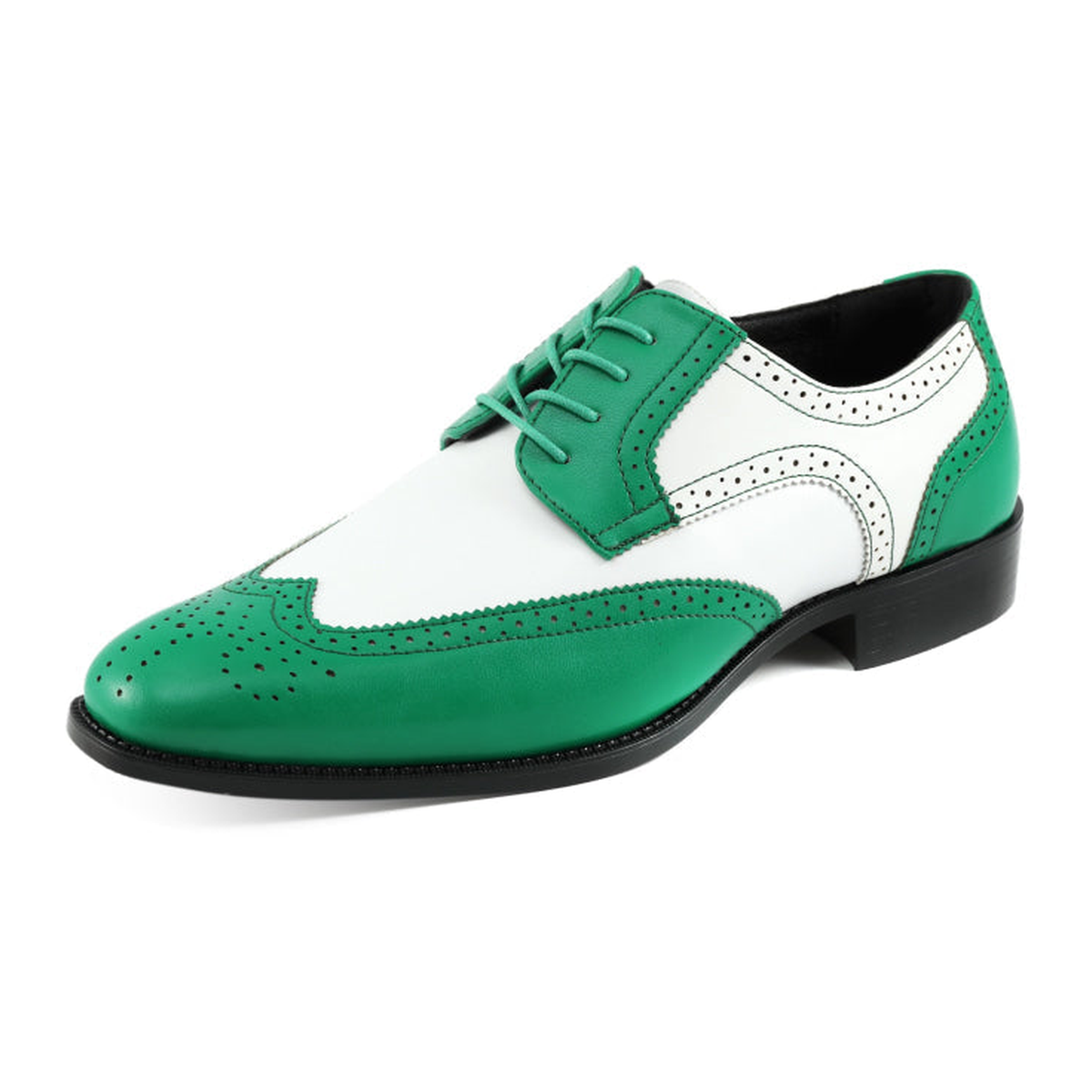 Bolano Elwyn men's green and white wingtip dress shoe, three-quarter view