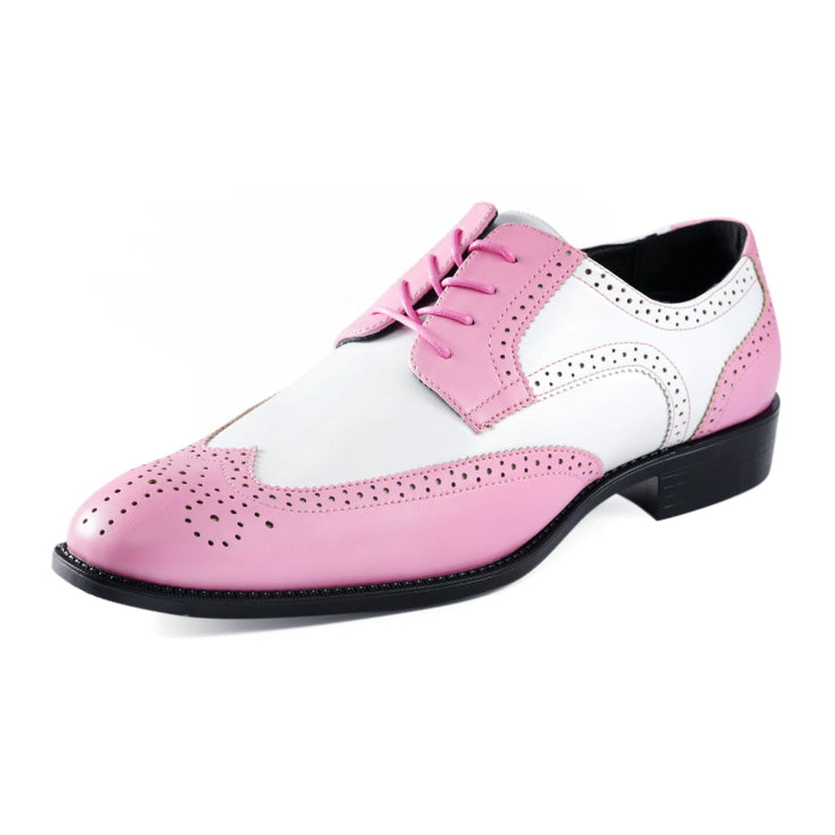 Bolano Elwyn men's pink and white wingtip dress shoe, three-quarter view