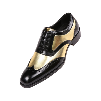 Bolano Lawson men's metallic gold and black wingtip Oxford shoe, three-quarter view