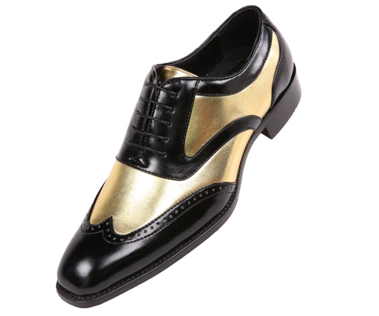 Bolano Lawson Men's Two Tone Metallic Gold and Black Leather Wingtip Oxford Shoes