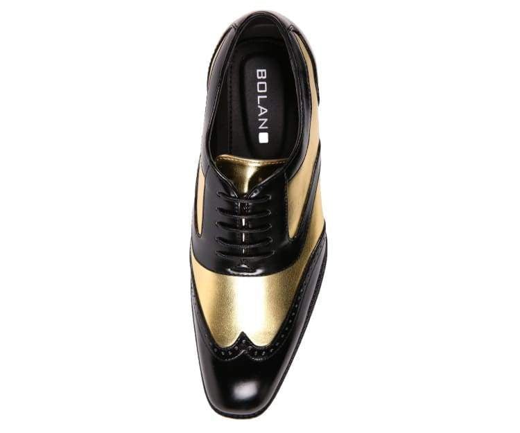 Bolano Lawson Men's Two Tone Metallic Gold and Black Leather Wingtip Oxford Shoes
