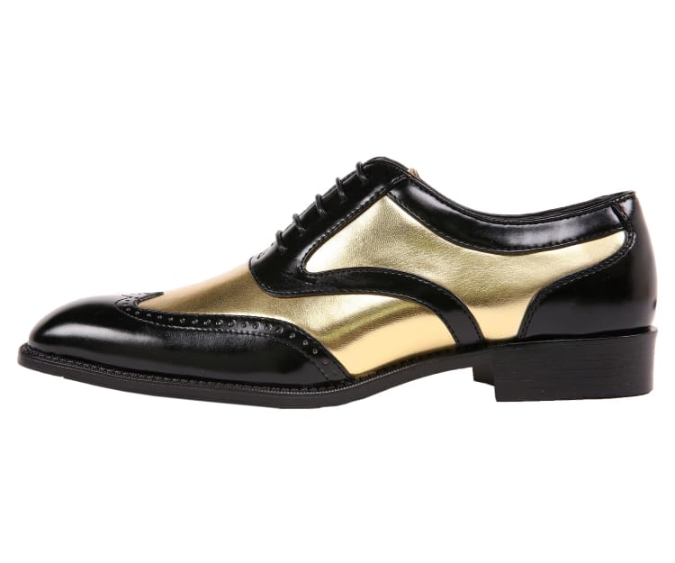 Bolano Lawson Men's Two Tone Metallic Gold and Black Leather Wingtip Oxford Shoes