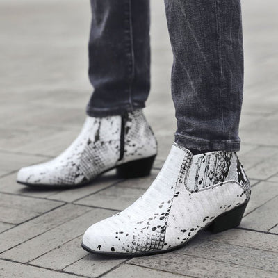 Bolano Adder Black and White Men's Snake Leather Ankle Boots