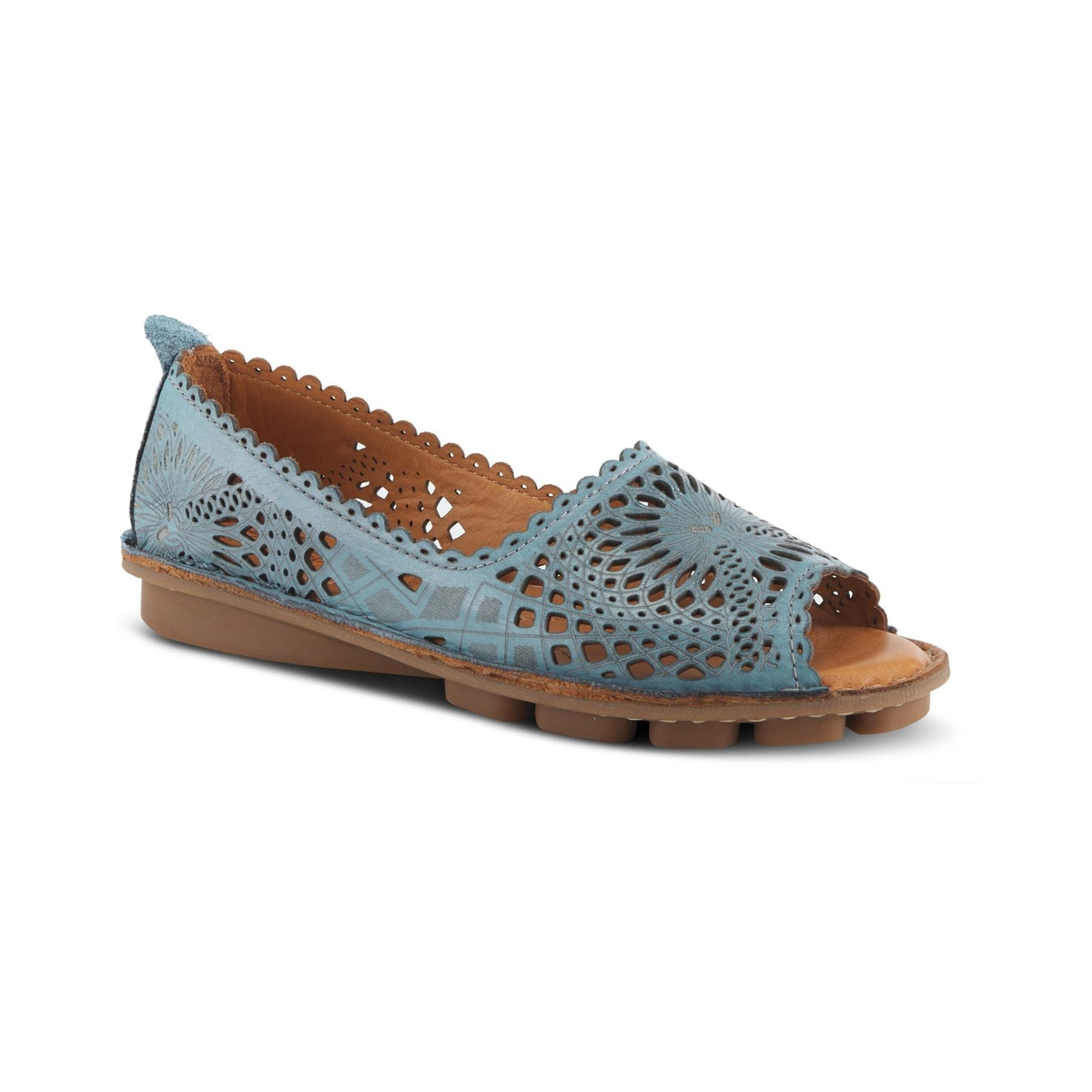 Spring Step Brandal Blue peep-toe flat, front three-quarter view on white