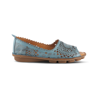 Spring Step Brandal Blue peep-toe flat, side view on white
