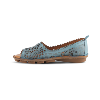 Spring Step Brandal Blue peep-toe flat, opposite side view on white