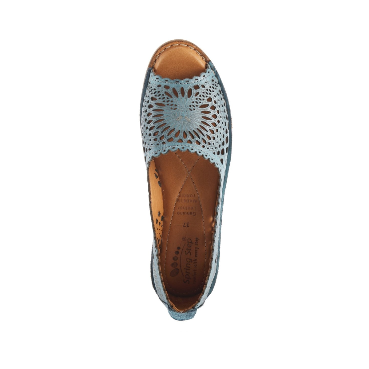 Spring Step Brandal Blue peep-toe flat, top view on white