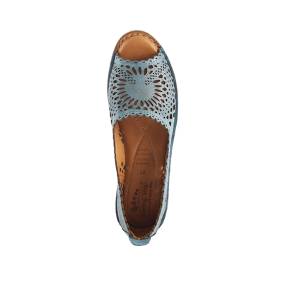 Spring Step Brandal Blue peep-toe flat, top view on white