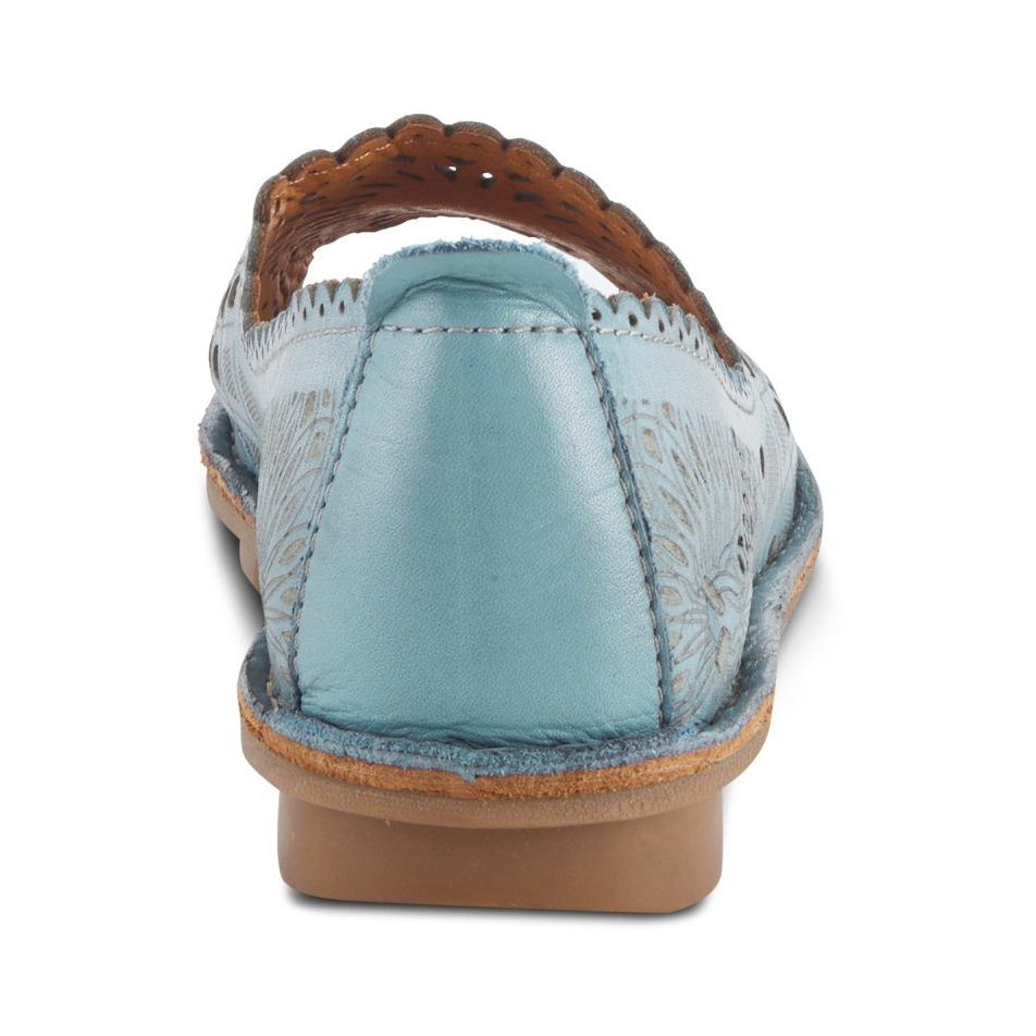Spring Step Brandal Blue peep-toe flat, rear view on white