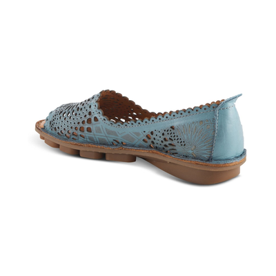 Spring Step Brandal Blue peep-toe flat, rear three-quarter view on white