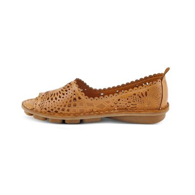 Spring Step Brandal Camel peep-toe flat, opposite side view on white