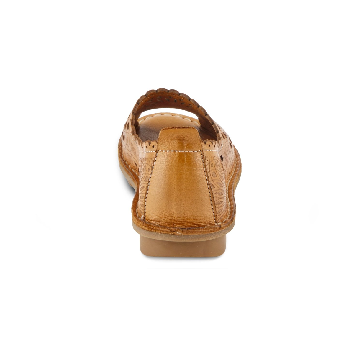 Spring Step Brandal Camel peep-toe flat, rear view on white