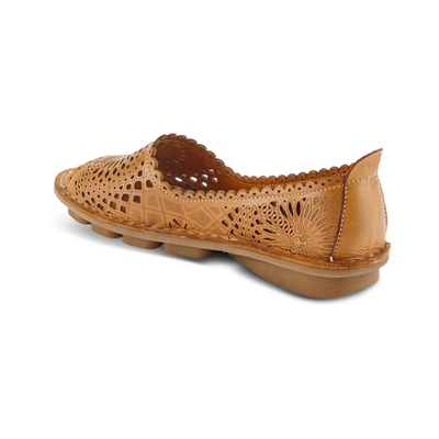 Spring Step Brandal Camel peep-toe flat, rear three-quarter view on white
