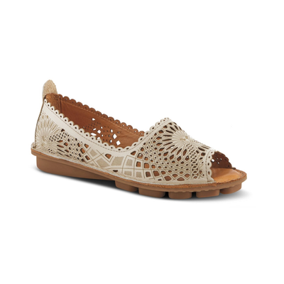 Spring Step Brandal Light Grey peep-toe flat, front three-quarter view on white