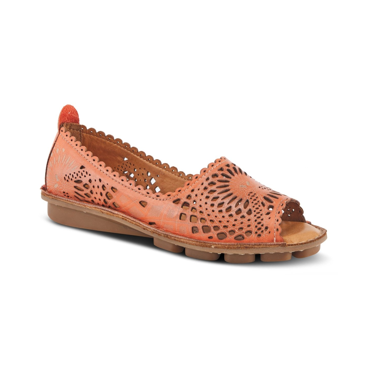 Spring Step Brandal Orange peep-toe flat, front three-quarter view on white