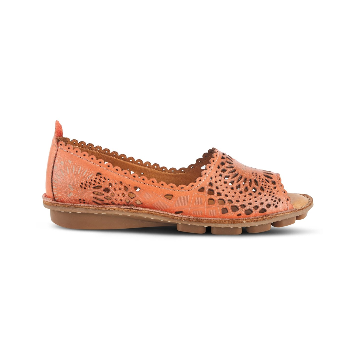 Spring Step Brandal Orange peep-toe flat, side view on white
