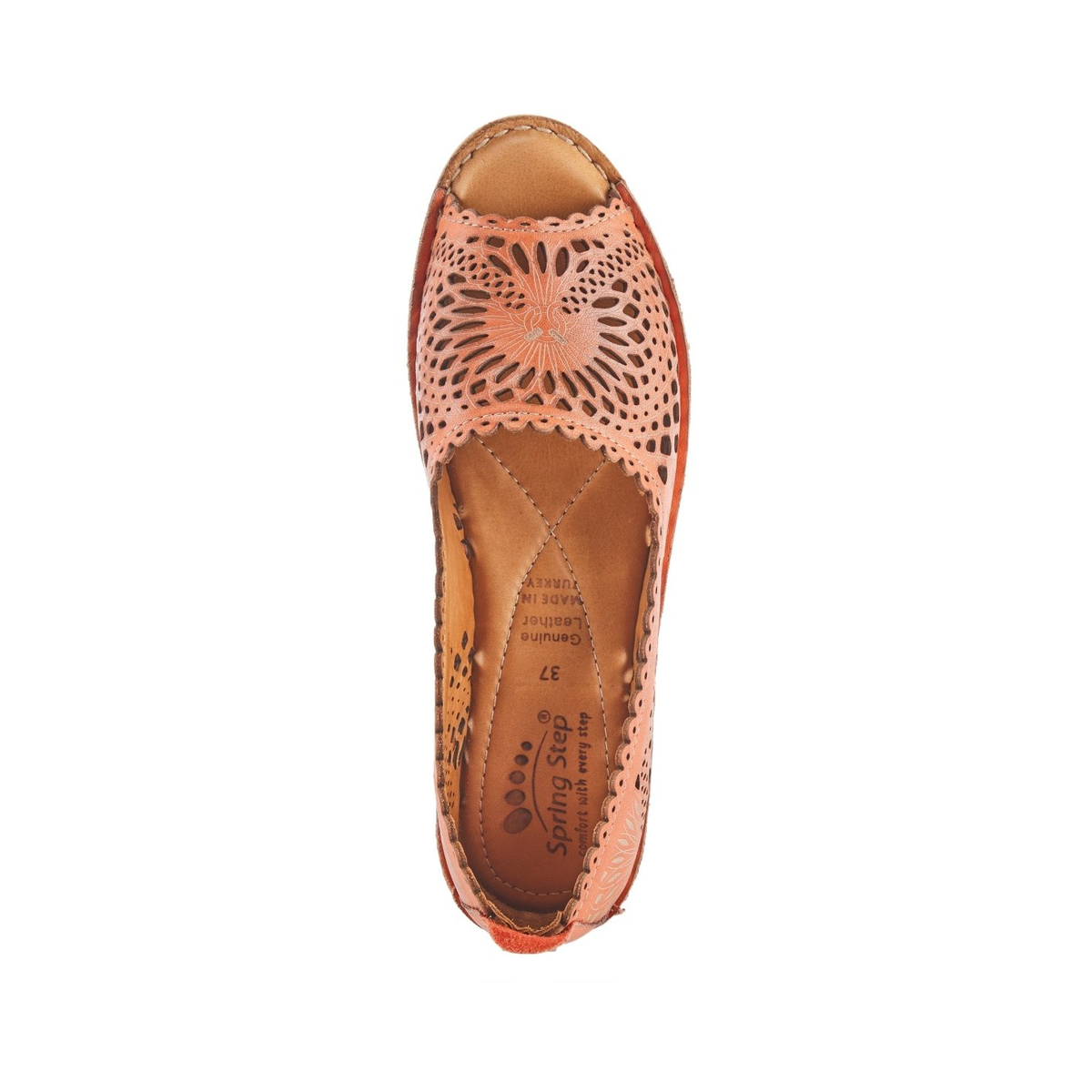 Spring Step Brandal Orange peep-toe flat, top view on white