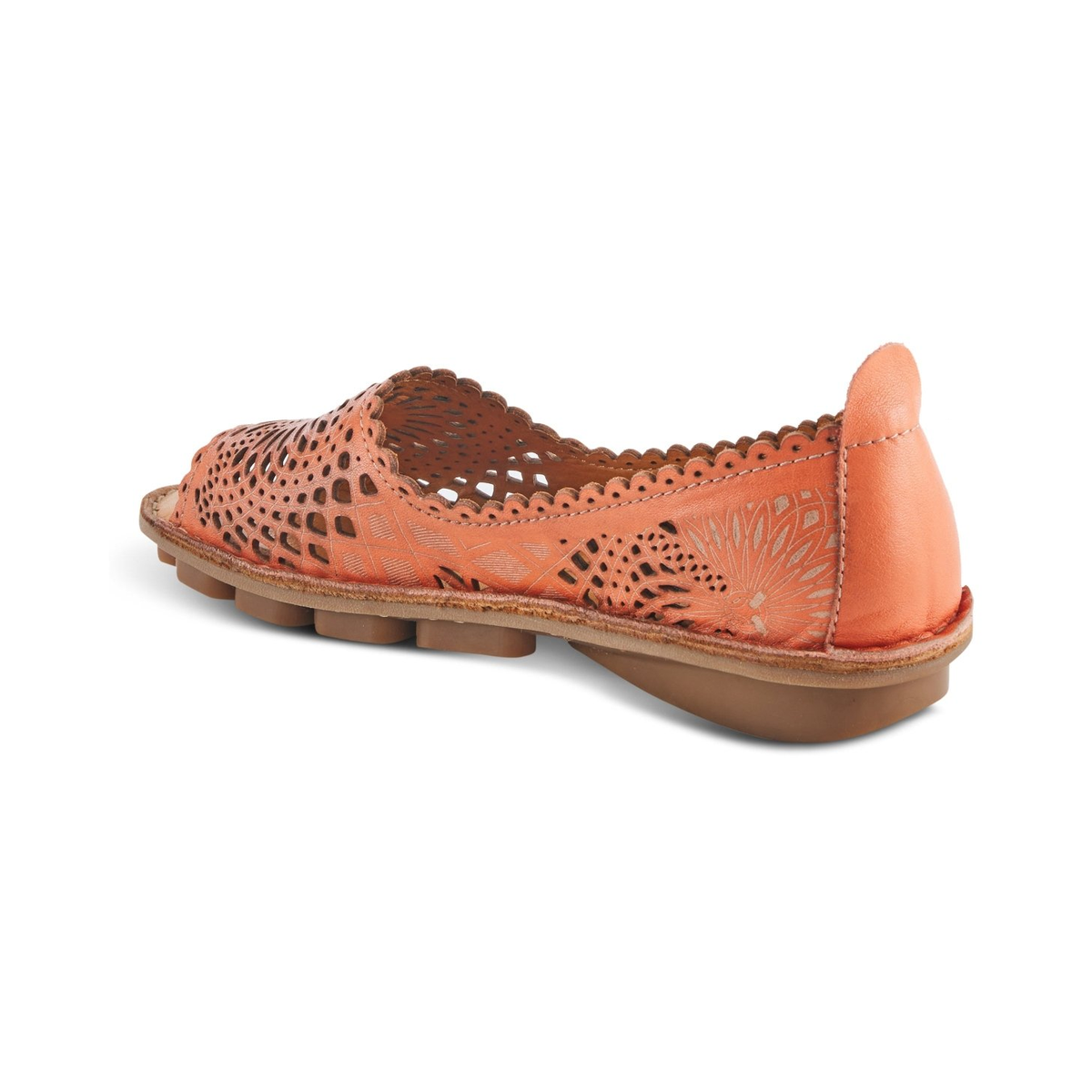 Spring Step Brandal Orange peep-toe flat, rear three-quarter view on white