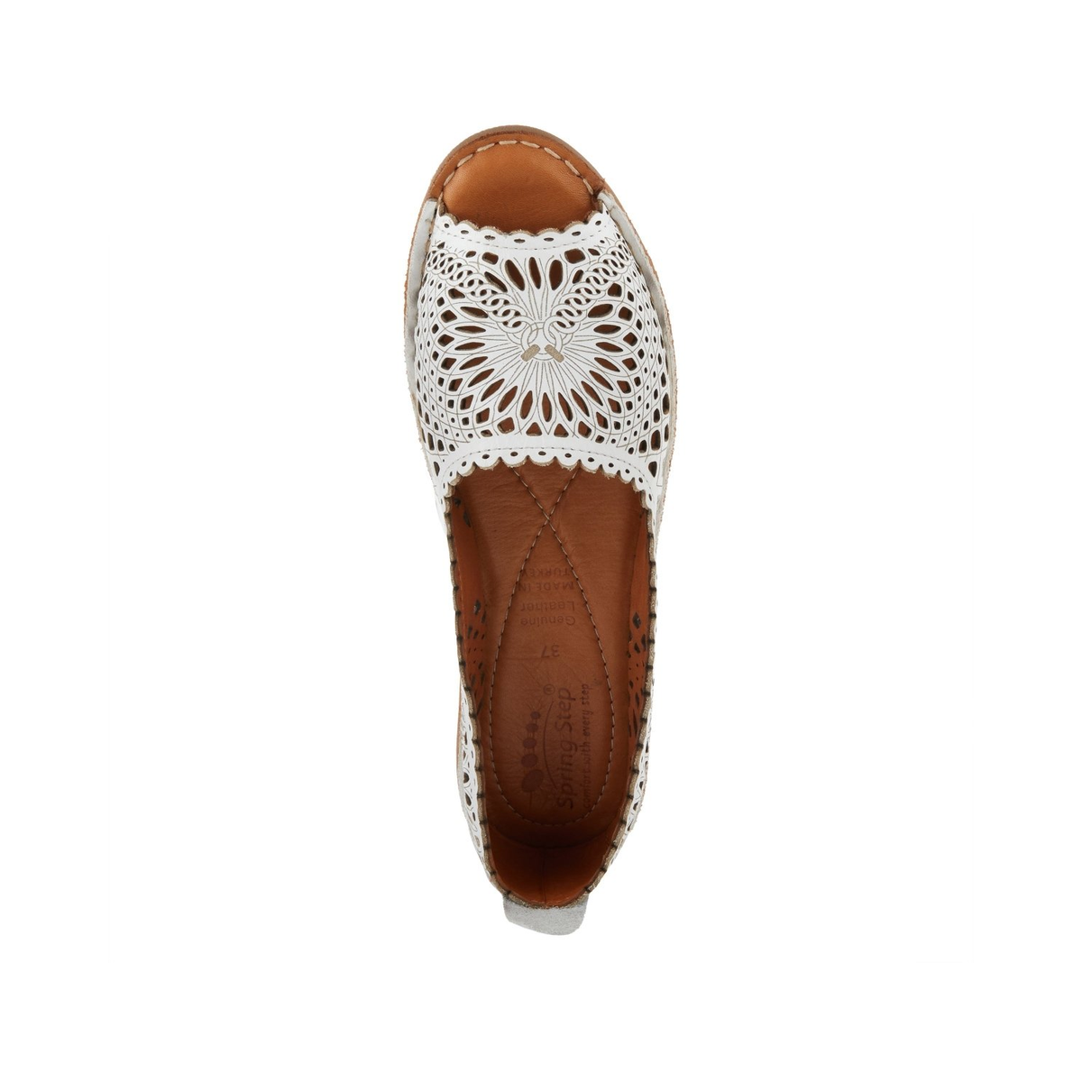 Spring Step Brandal White peep-toe flat, top view on white
