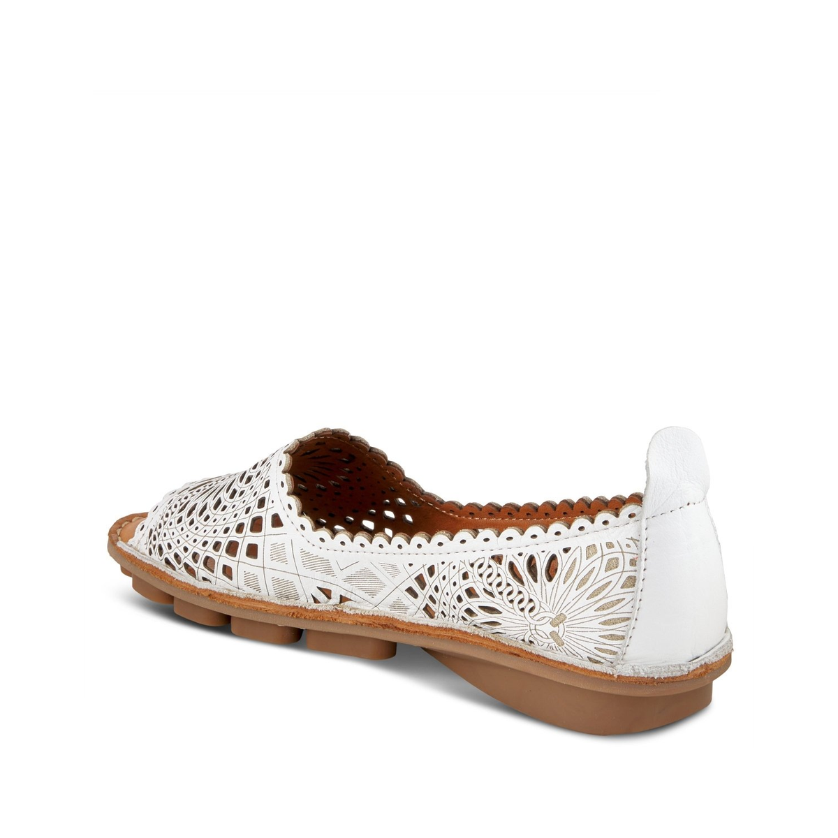 Spring Step Brandal White peep-toe flat, rear three-quarter view on white