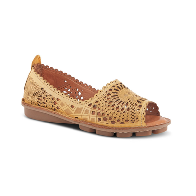 Spring Step Brandal Yellow peep-toe flat, front three-quarter view on white