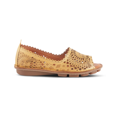 Spring Step Brandal Yellow peep-toe flat, side view on white